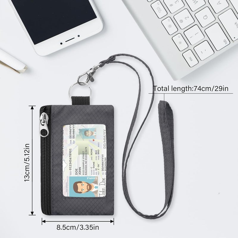 ZHOMA Minimalist RFID Wallet with Lanyard, Multi-Functional ID Case with 2 Zipper Pockets and Key Chain for Men and Women, Tactical Badge Pouch Cards Holder, Coin Purse for Travel Sports-Gray - Image 2